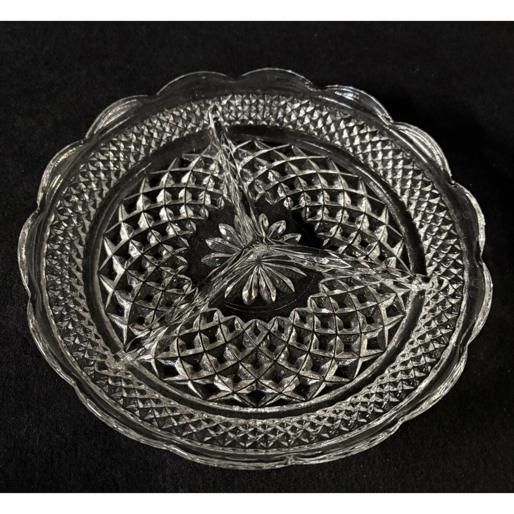 Vintage Pressed Glass Divided 9" Plate Dish 3 Partition Starburst Relish PERFECT